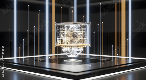 Futuristic Digital Cube Display with Holographic Data Processing Visualization and Glowing Particle Light Trails in a Virtual Laboratory Environment