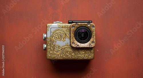 Close-up view of an ornate, vintage-style action camera with gold accents, set against a rustic, textured background