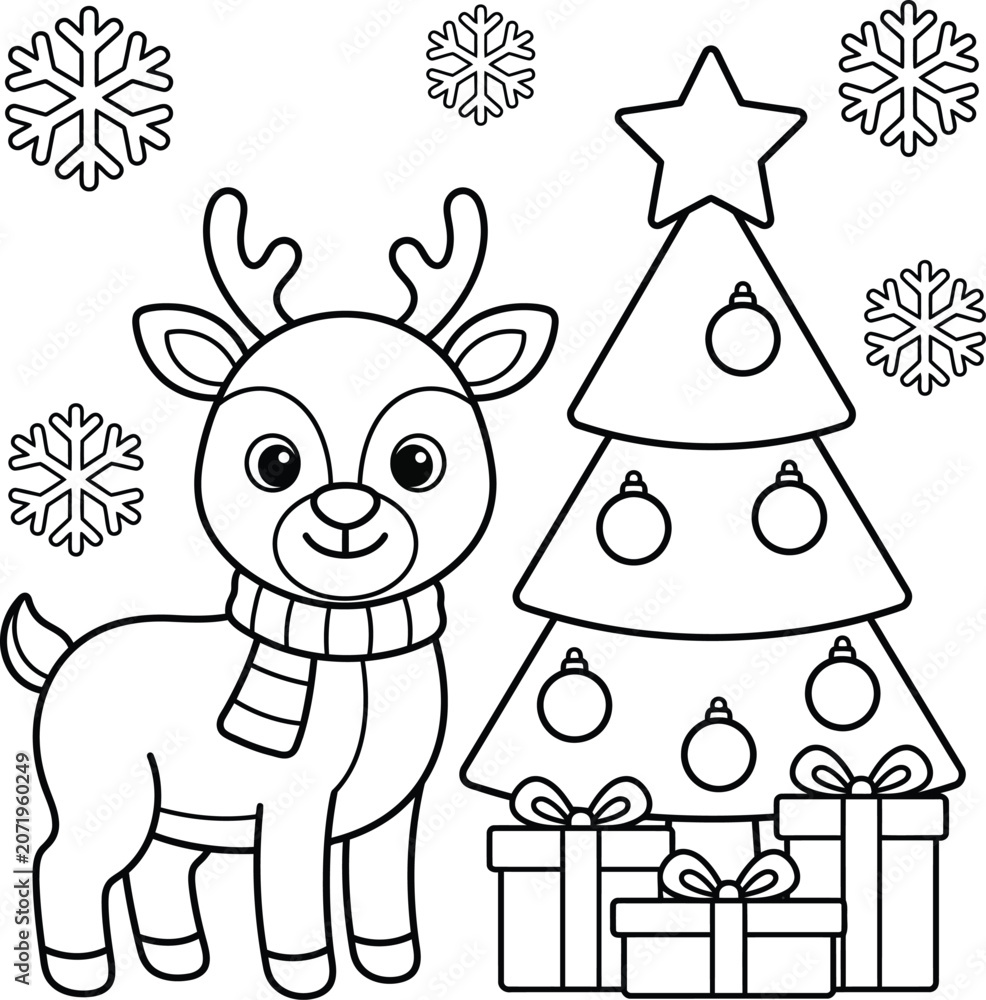 Naklejka premium Cute reindeer and christmas tree colouring page for kids with reindeer