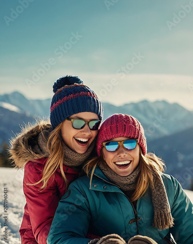 Happy Friends Sledding in Winter Mountains
