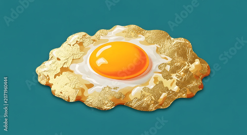 Fried egg digital art with golden metallic white texture and orange yolk on a dark background
