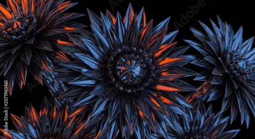 Sharp navy and orange geometric floral patterns.