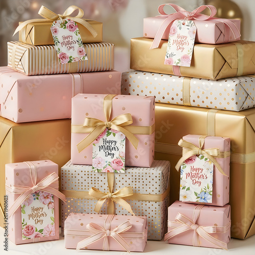 Stack of beautifully wrapped mothers day gift boxes with floral tags