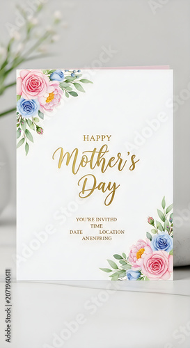 Mothers day invitation card with watercolor pink and blue floral design