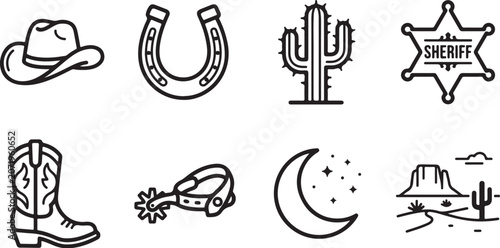 Cowboy hat and western icon collection set