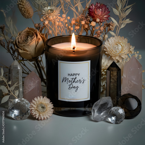 Happy mothers day candle with crystals and dried flowers