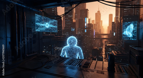 Futuristic Digital Entity Observing a Vast Cyberpunk Metropolis at Sunset with Advanced Holographic Data Interfaces