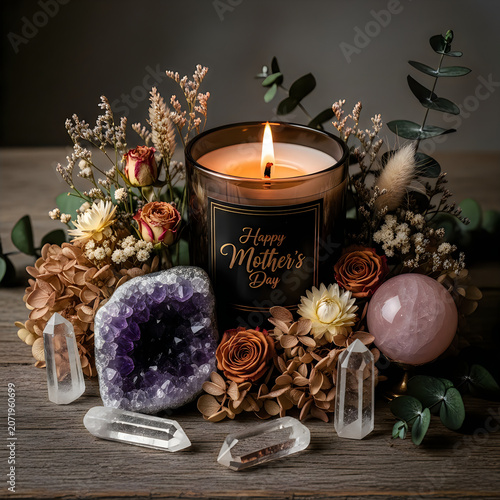 Mothers day candle with crystals and dried flowers arrangement