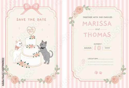 Billede på lærred Cute pastel wedding invitation card template in cozy anime style featuring adora