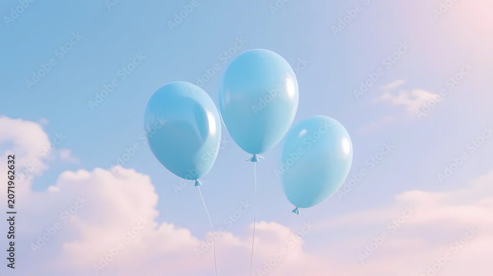 Fototapeta premium Three light blue balloons in a dreamy sky