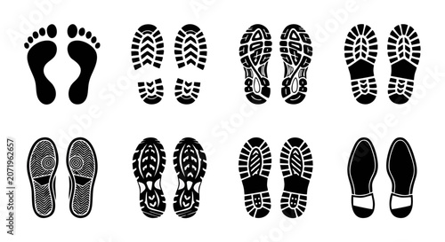 Tableau sur toile Footprint and Shoe Print Silhouette Collection - Black Vector Set of Barefoot, S