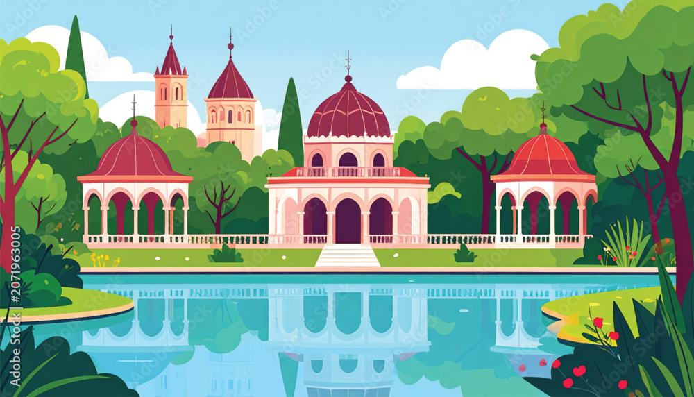 Fototapeta premium Large Building with Red Domed Roofs.