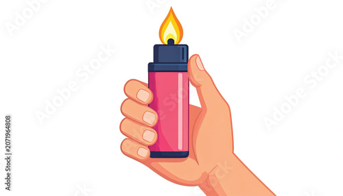 Hand holding pink lighter with flame.