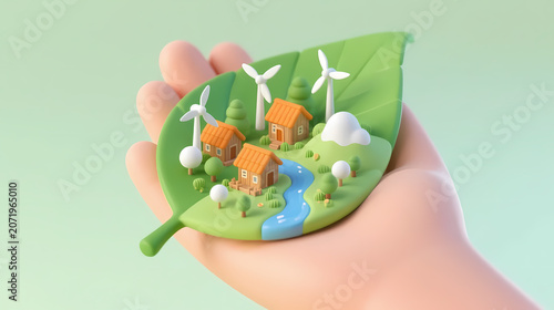 Hand holding leaf with tiny village