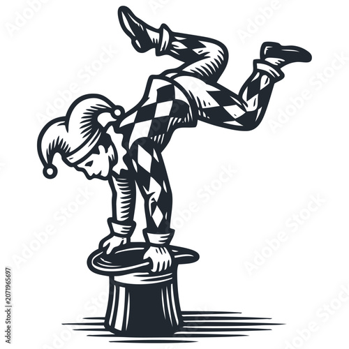 Vector engraving illustration of a cheerful jester in a diamond suit performing a handstand on a vintage top hat. Monochrome graphic isolated on white.