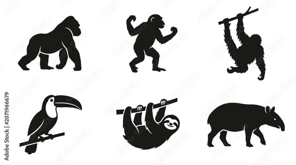 Fototapeta premium jungle animal silhouette symbols, gorilla, chimpanzee, orangutan, toucan, sloth, tapir, vector silhouette collection