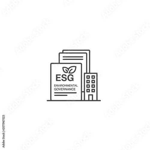 Minimalist Line Drawing of ESG Document with Building – Black and White Sustainability Icon