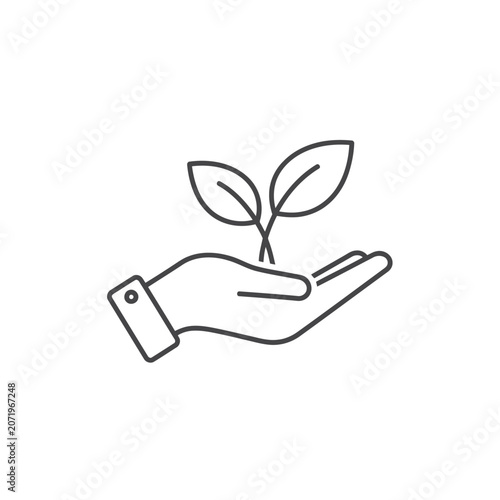 Minimalist Line Drawing of Hand Holding Plant – Black and White Sustainability Icon