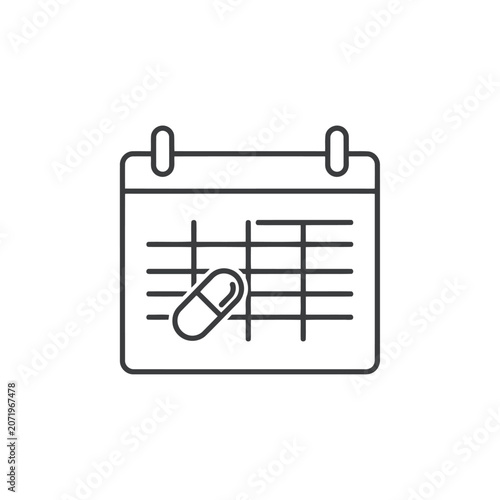 Minimalist Line Drawing of Calendar with Pill – Black and White Medication Schedule Icon