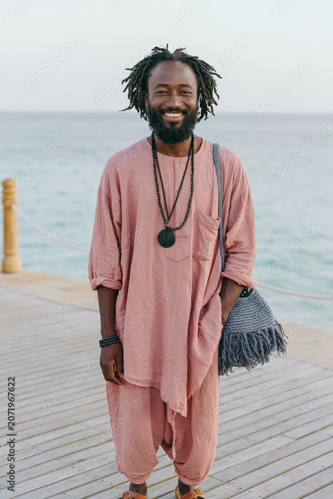 Fototapeta premium Smiling man in loose pink linen outfit on seaside boardwalk for travel lifestyle poster and resort background