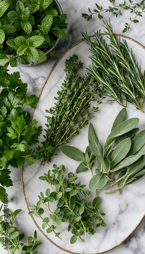 Assorted fresh garden herbs on marble board ready for cooking with culinary ingredient rosemary seasoning aromatic vegetarian nutrition fragrant freshness cilantro overhead flavorful
