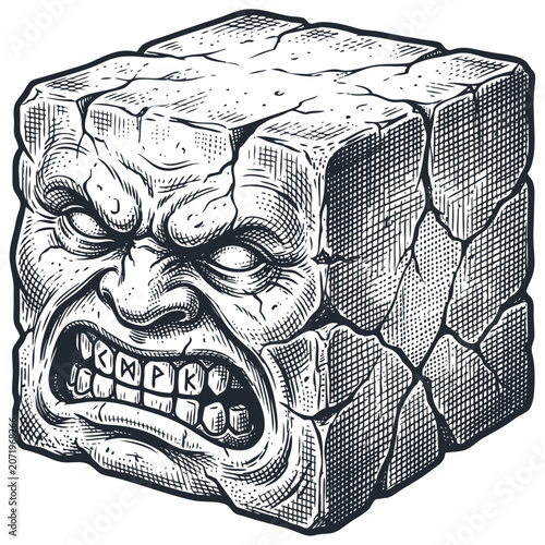 Vector engraving illustration of an angry stone cube with a furious face and runes on its teeth. Vintage monochrome graphic isolated on white.