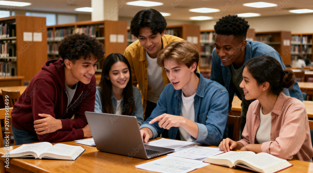 Fototapeta premium Diverse group of students studying together in a modern academic library, focused on teamwork and learning.