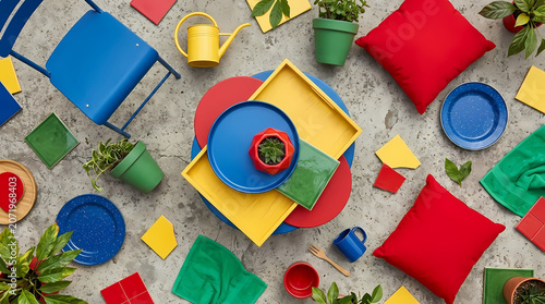 Colorful outdoor picnic setup on sandy ground from above