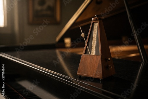 A classic wooden metronome ticking on the surface of an empty grand piano.