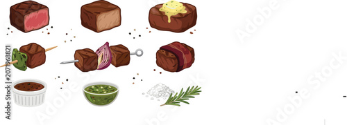 Tableau sur toile Grilled Beef Steak Icon Set featuring Filet Mignon, Skewered Kabobs, Bacon Wrapp