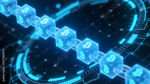 Floating blue bitcoin cubes in digital space