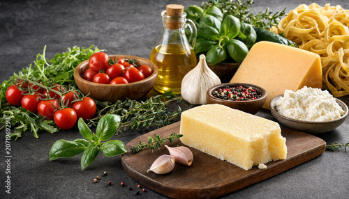 Classic italian ingredients for pasta preparation with cheese basil and cherry tomatoes ingredients mediterranean nutrition culinary preparation homemade parmesan vegetarian