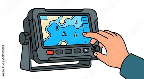 Hand using a marine electronic navigation system with a coastal map