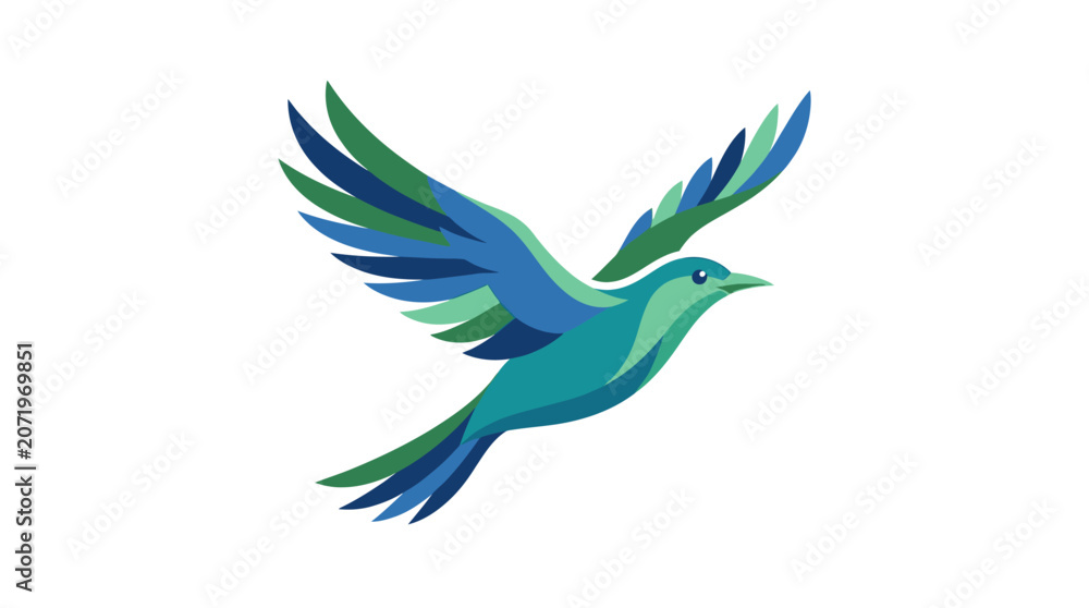 Fototapeta premium colorful hummingbird, flying bird, green blue, vector icon isolated on White Background flat vector eps silhouette