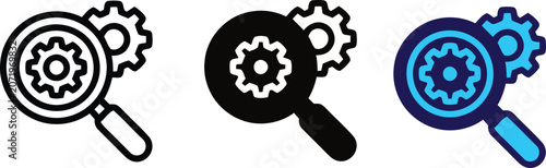 Photos Magnifying glass search and analysis icons with gear settings for technical prob