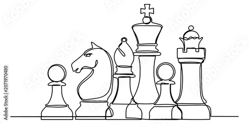 Tableau sur toile Continuous single line drawing of chess pieces including king queen knight bisho