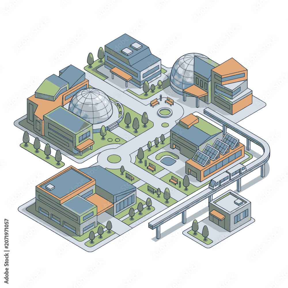 Fototapeta premium Isometric view of a futuristic city with modern buildings, solar panels, and a monorail system.