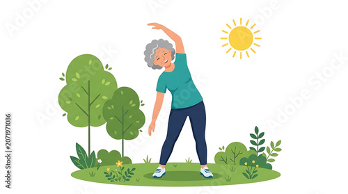 Happy senior woman exercising outdoors, doing side stretch, active lifestyle for elderly people, vector illustration