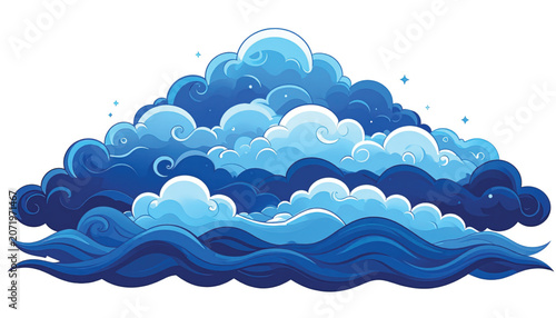 Illustration of blue ocean waves and clouds.