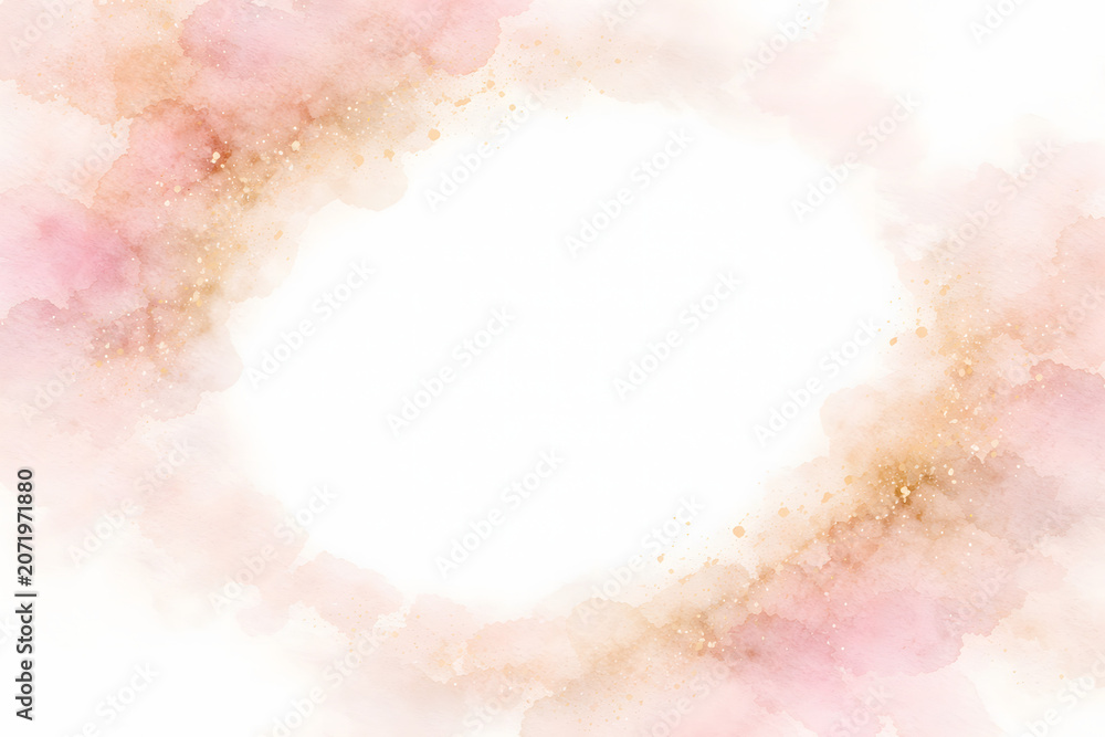 Obraz premium Beautiful pink watercolor vignette border frame with soft paper texture and elegant gold dust on a white background. generated by AI.