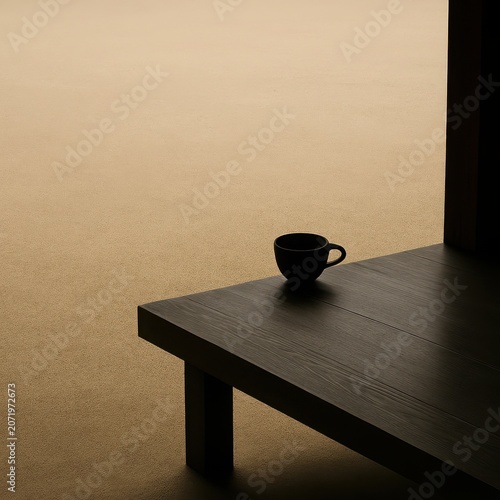 Minimalist still life with one ceramic cup on dark wood