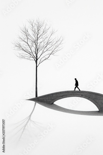 Minimalist scene of a lone person on a stone bridge in emptiness