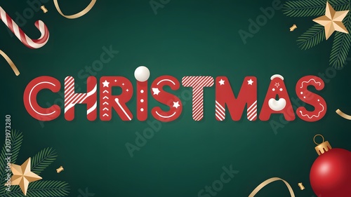 Christmas word text design with candy canes stars and ornaments on a dark green background