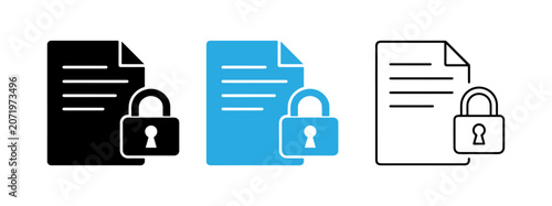 Secure Document and Padlock Icons Set, Solid and Linear Styles