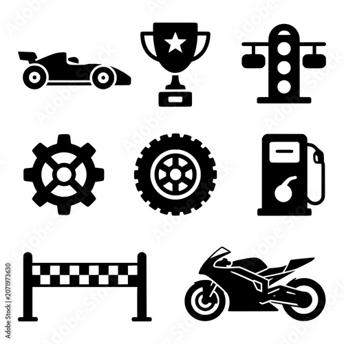 Tableau sur toile Premium Racing Icon Pack featuring race car, trophy, gear, tire, fuel pump, starting lights, motorcycle, and finish line banner in a consistent black and white vector style