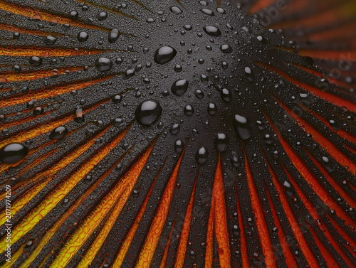 Detailed view of water droplets resting on a colorful tropical leaf showcasing unique patterns and textures