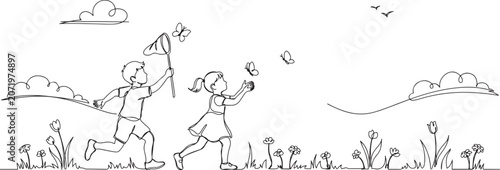 Photos Continuous one line drawing cute little boys and girls catches butterfly