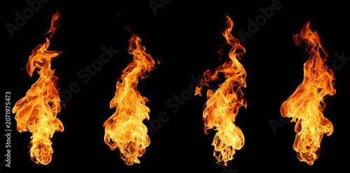 Canvastavla Realistic fire flames isolated on black background featuring blazing orange and yellow combustion, dynamic flame shapes and intense heat energy
