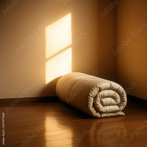 Rolled futon mattress resting in a quiet room with warm morning light