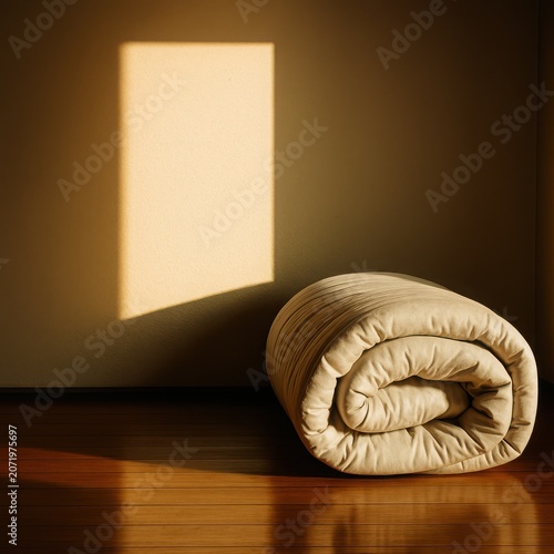 Minimalist corner of a serene room with soft sunlight on walls